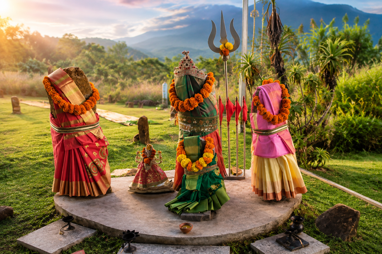 Pinda stones dressed in saris at sunset, representing departed ancestors